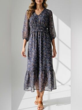 NWT Nina Leonard Floral V-Neck Maxi Dress